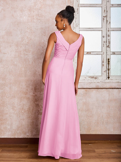 V-neck Pleated Sleeveless A-line Chiffon Dresses Candy Pink
