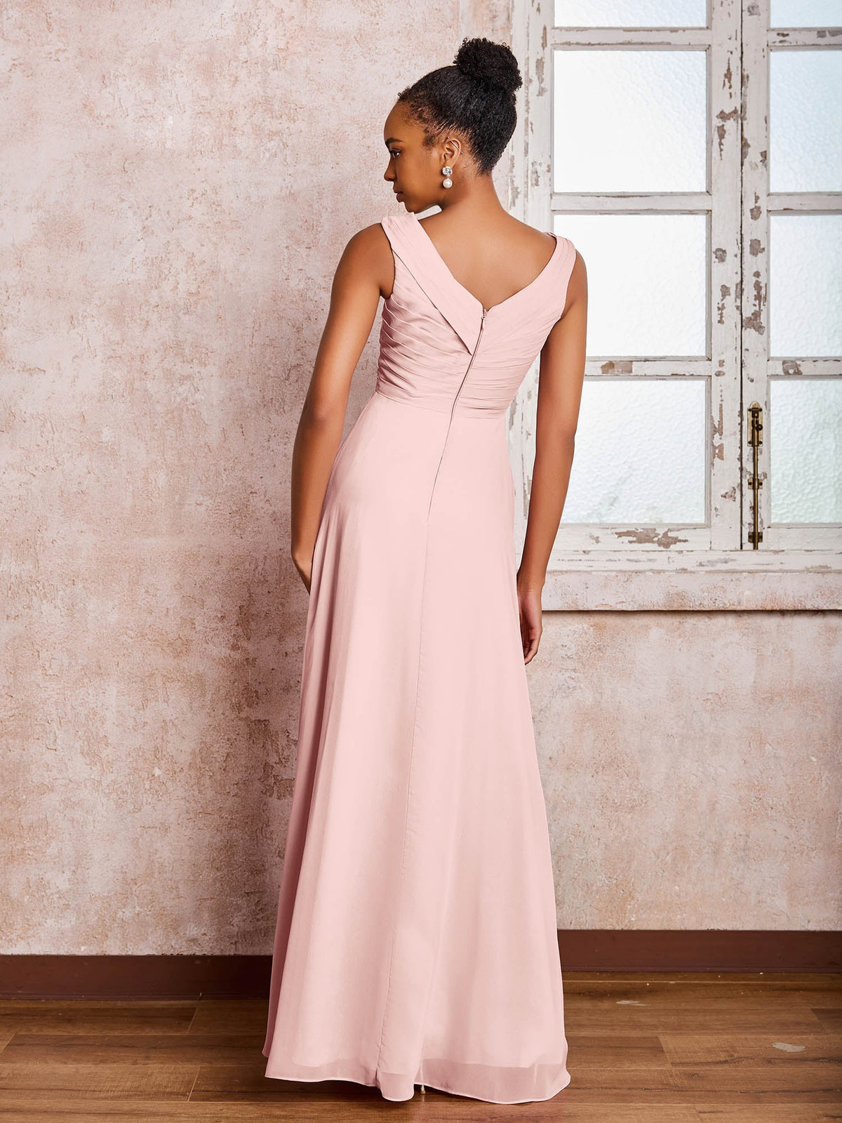 V-neck Pleated Sleeveless A-line Chiffon Dresses Dusty Rose