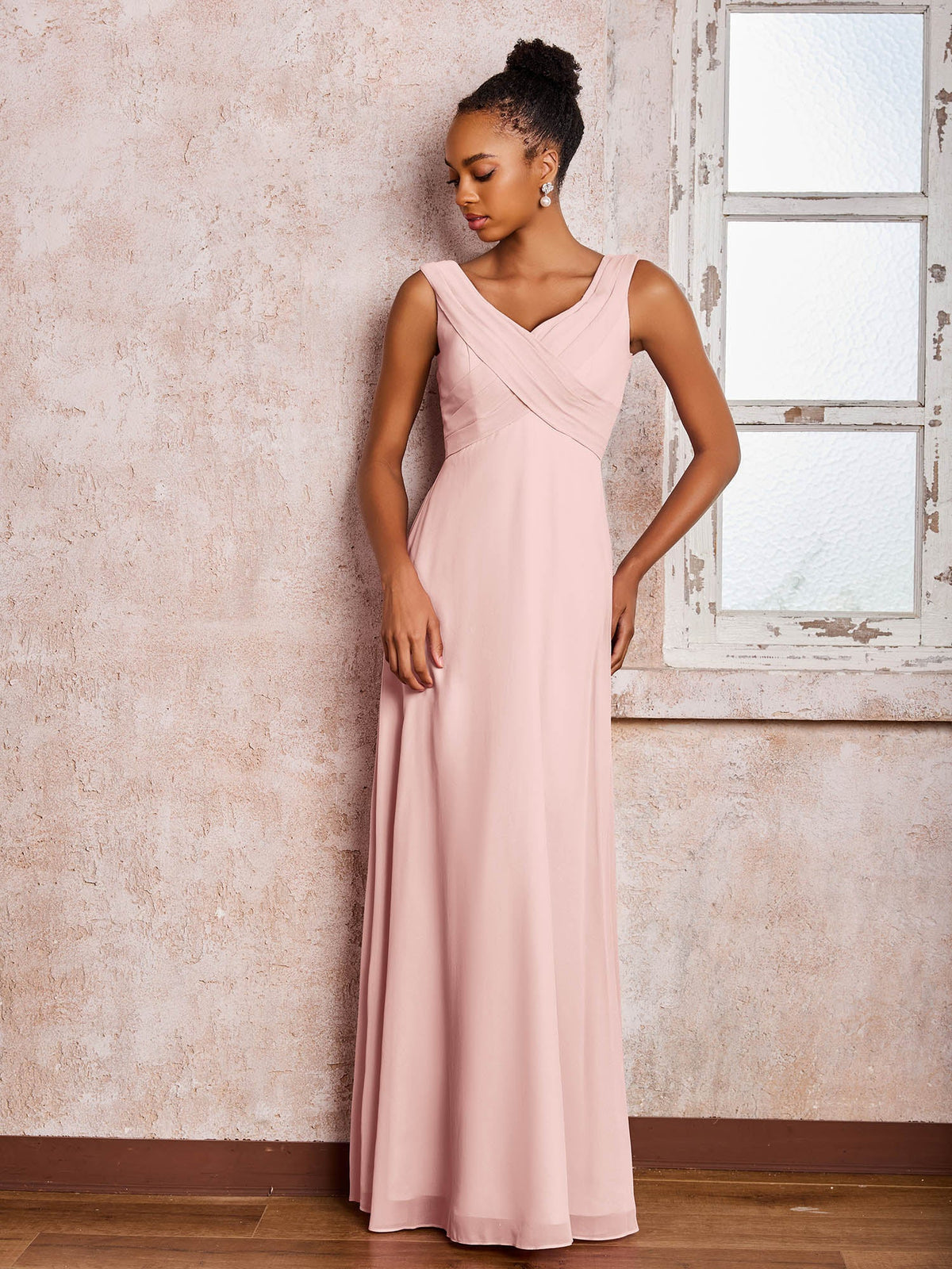 V-neck Pleated Sleeveless A-line Chiffon Dresses Dusty Rose