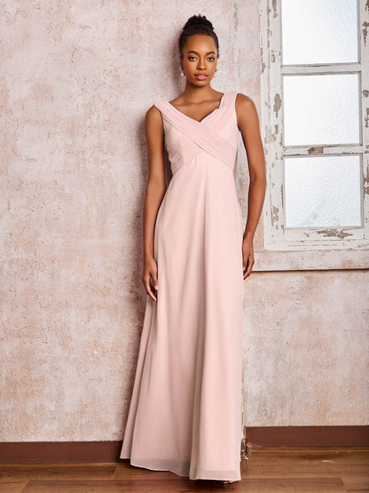 V-neck Pleated Sleeveless A-line Chiffon Dresses Dusty Rose
