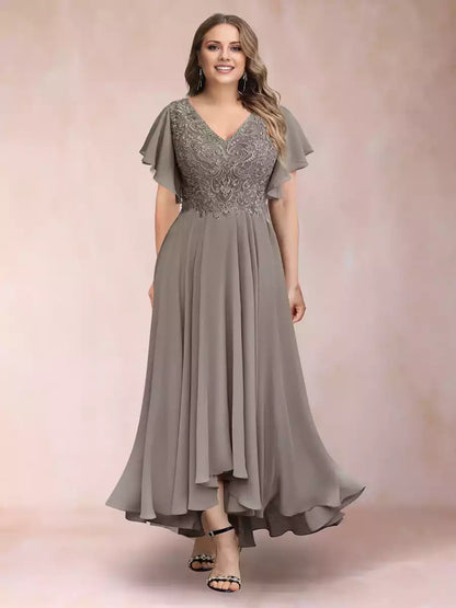 Elegant A-line/princess V-neck short sleeved long plus size decal Mother of the Bride Dresses