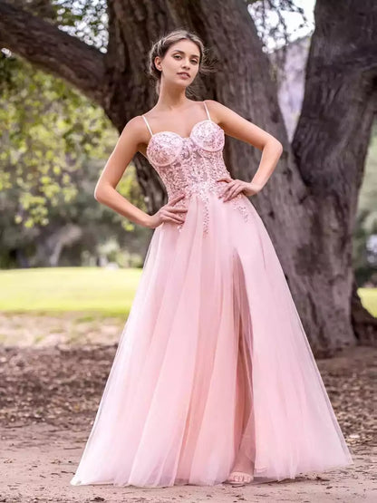 Elegant A-line thin shoulder strap with lace decal and sheer fabric, slit zipper on the back, Prom Dresses