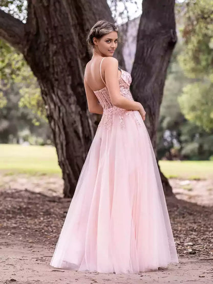 Elegant A-line thin shoulder strap with lace decal and sheer fabric, slit zipper on the back, Prom Dresses