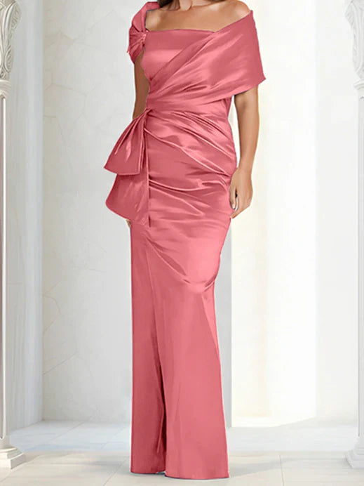 Tight fitting/column off shoulder to ground length, mother of the bride dresses