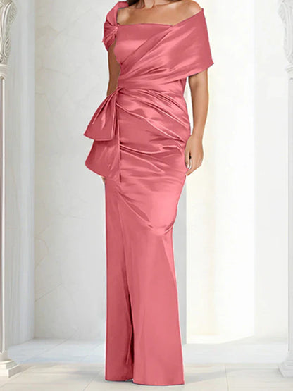 Tight fitting/column off shoulder to ground length, mother of the bride dresses