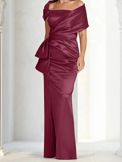 Tight fitting/column off shoulder to ground length, mother of the bride dresses