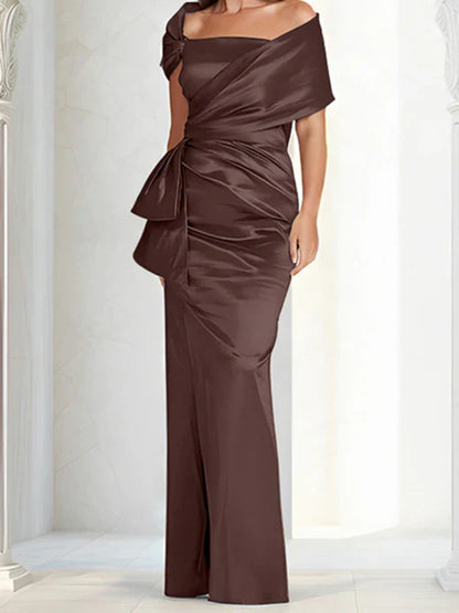 Tight fitting/column off shoulder to ground length, mother of the bride dresses