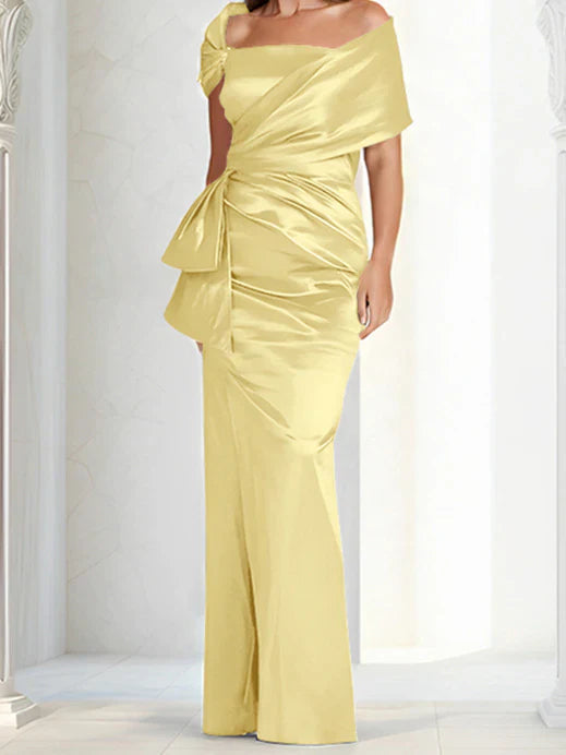 Tight fitting/column off shoulder to ground length, mother of the bride dresses