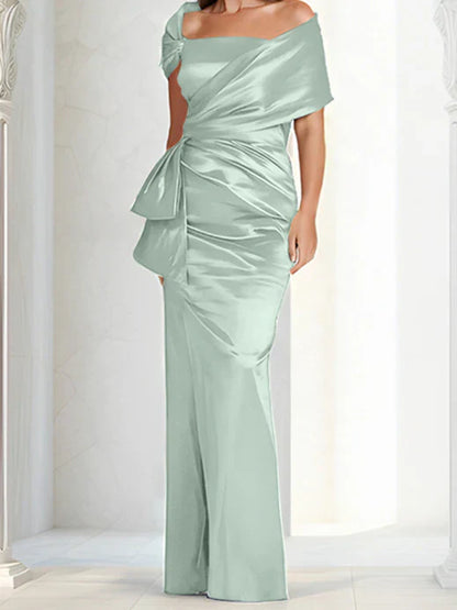 Tight fitting/column off shoulder to ground length, mother of the bride dresses