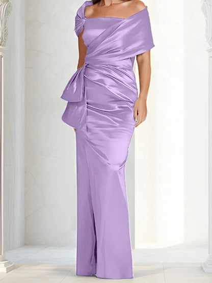 Tight fitting/column off shoulder to ground length, mother of the bride dresses