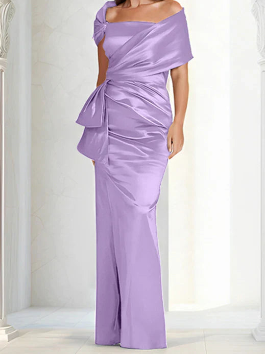 Tight fitting/column off shoulder to ground length, mother of the bride dresses