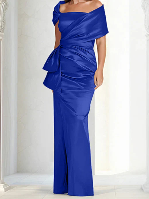 Tight fitting/column off shoulder to ground length, mother of the bride dresses