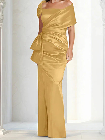 Tight fitting/column off shoulder to ground length, mother of the bride dresses