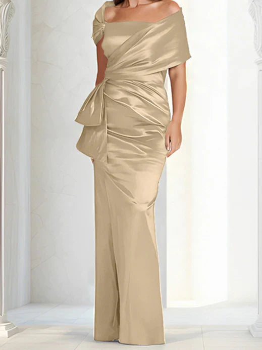 Tight fitting/column off shoulder to ground length, mother of the bride dresses