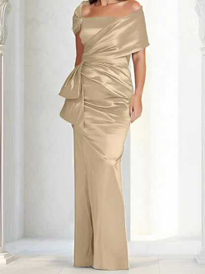 Tight fitting/column off shoulder to ground length, mother of the bride dresses