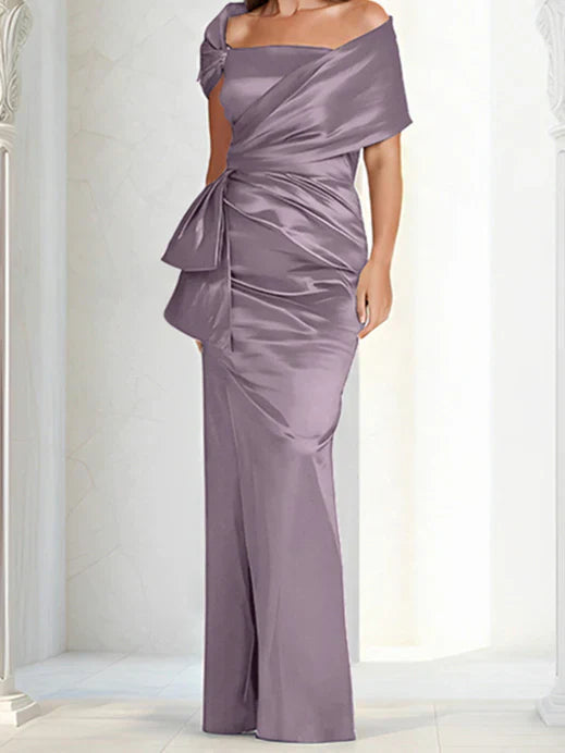 Tight fitting/column off shoulder to ground length, mother of the bride dresses
