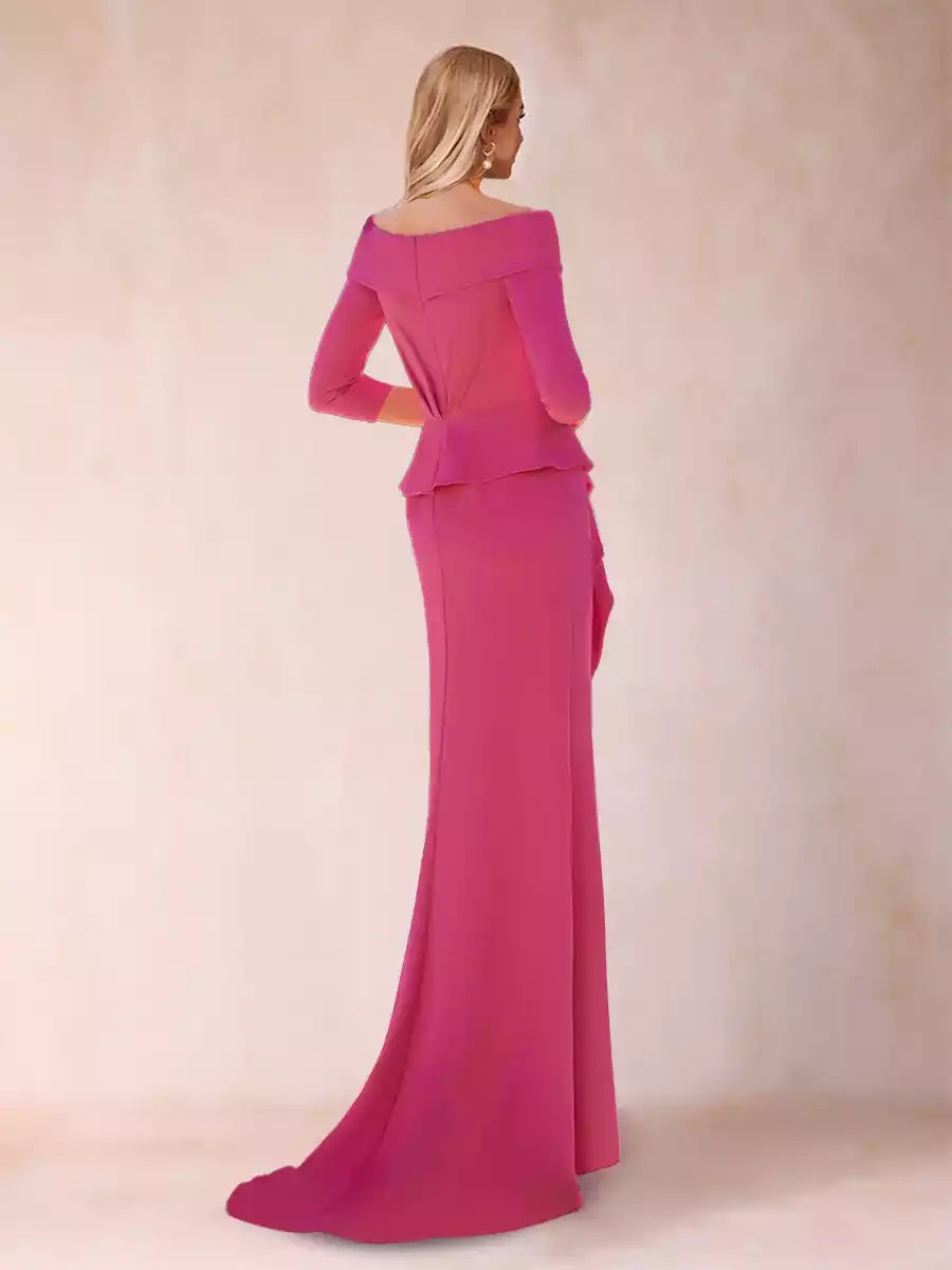 Elegant off shoulder and floor length slim fit/straight tube ruffle edge and side slit Mother of the Bride Dresses