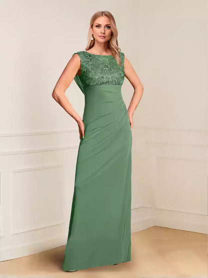 Elegant slim fit/column shaped empire round neck lace pleated Mother of the Bride Dresses