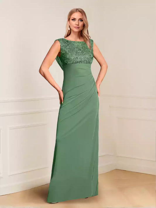 Elegant slim fit/column shaped empire round neck lace pleated Mother of the Bride Dresses