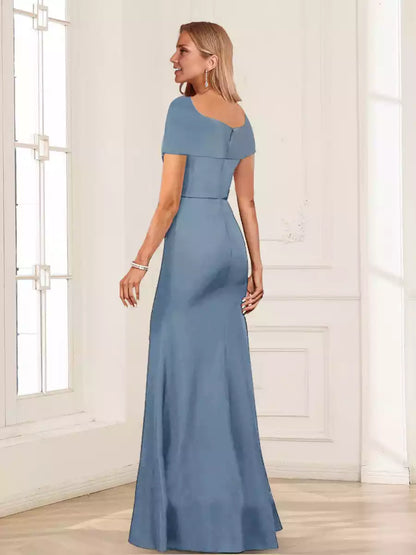 Elegant trumpet/mermaid square neck short sleeved pleated slim fit long Mother of the Bride Dresses