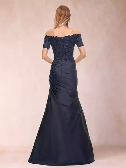 Elegant trumpet/mermaid style off shoulder short sleeved slim fit Mother of the Bride Dresses