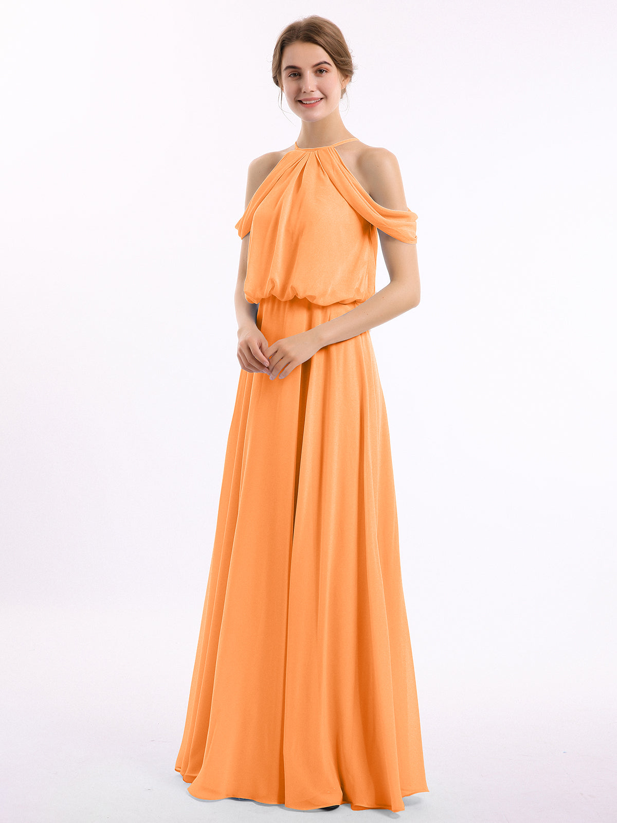 Halter Off the Shoulder Dress with blouson bodice Orange