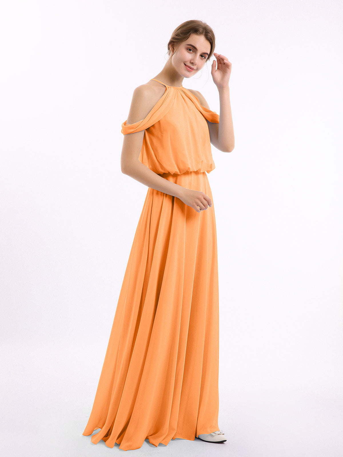 Halter Off the Shoulder Dress with blouson bodice Orange