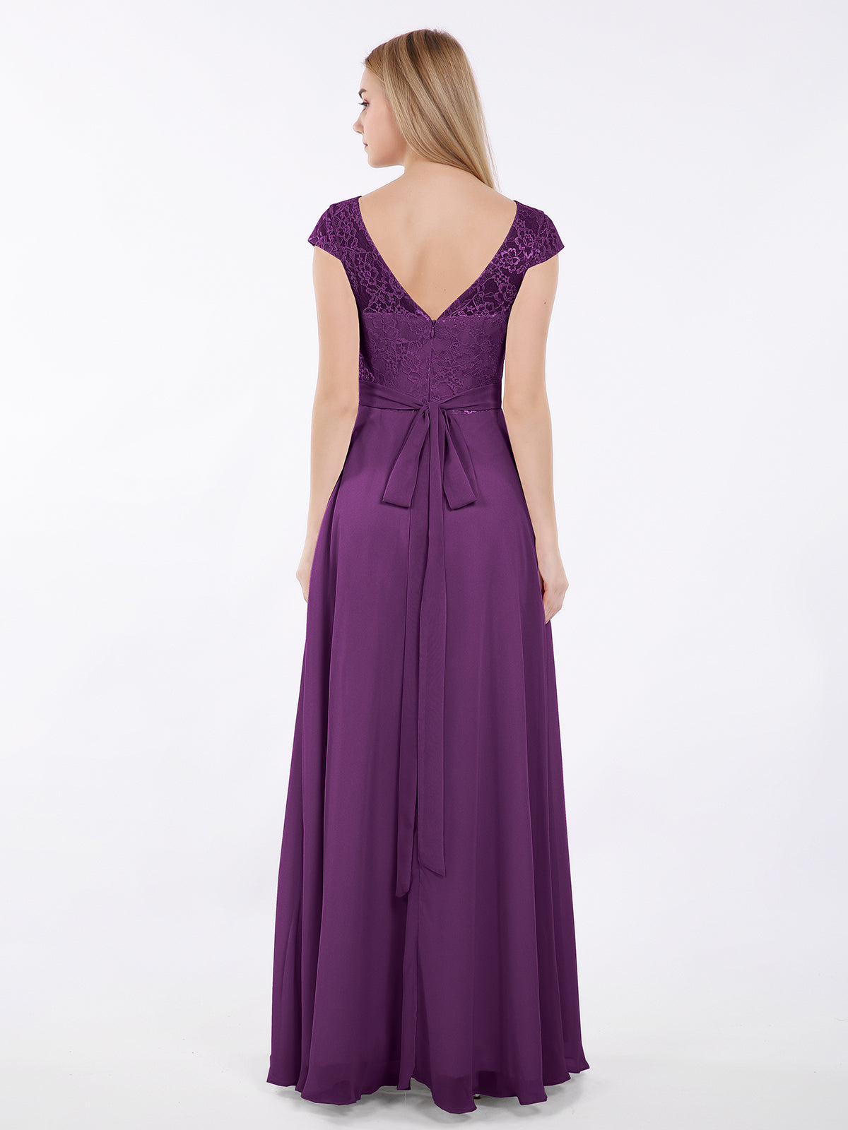 Cap Sleeves Chiffon Dress with Sash Grape