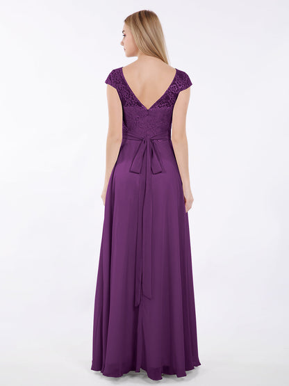 Cap Sleeves Chiffon Dress with Sash Grape