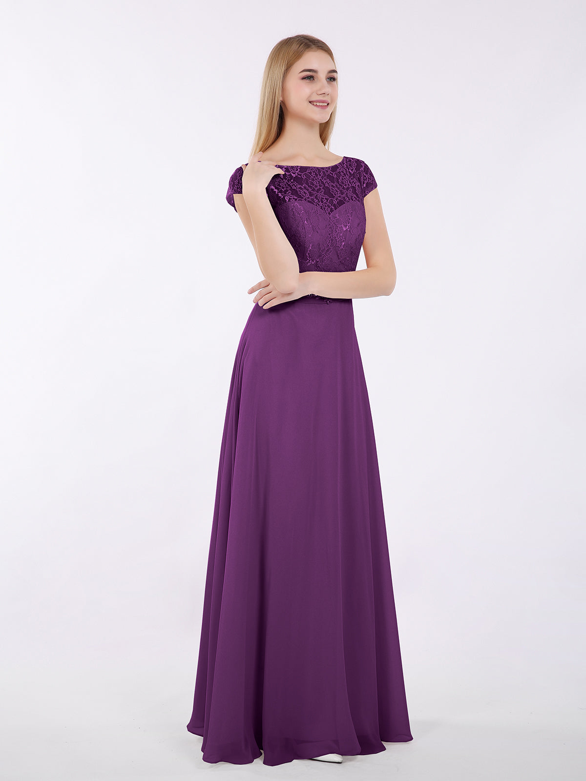 Cap Sleeves Chiffon Dress with Sash Grape