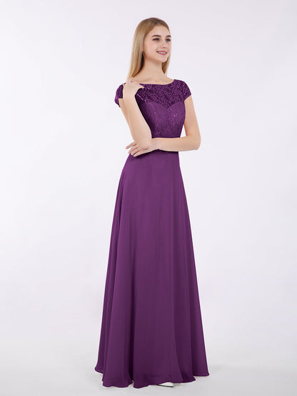 Cap Sleeves Chiffon Dress with Sash Grape