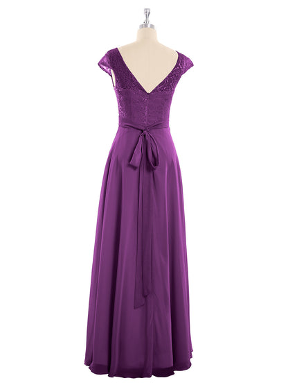 Cap Sleeves Chiffon Dress with Sash Grape