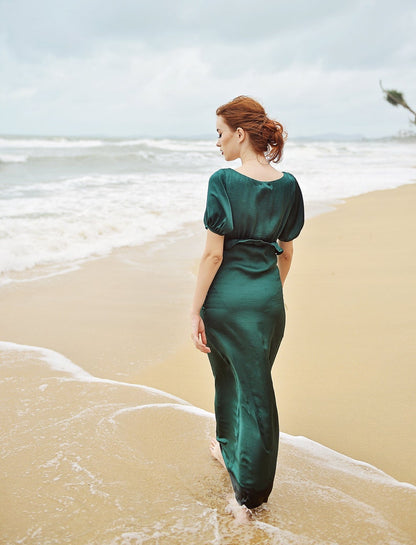 Emerald V-Neck Half Sleeve Bridesmaid Dress