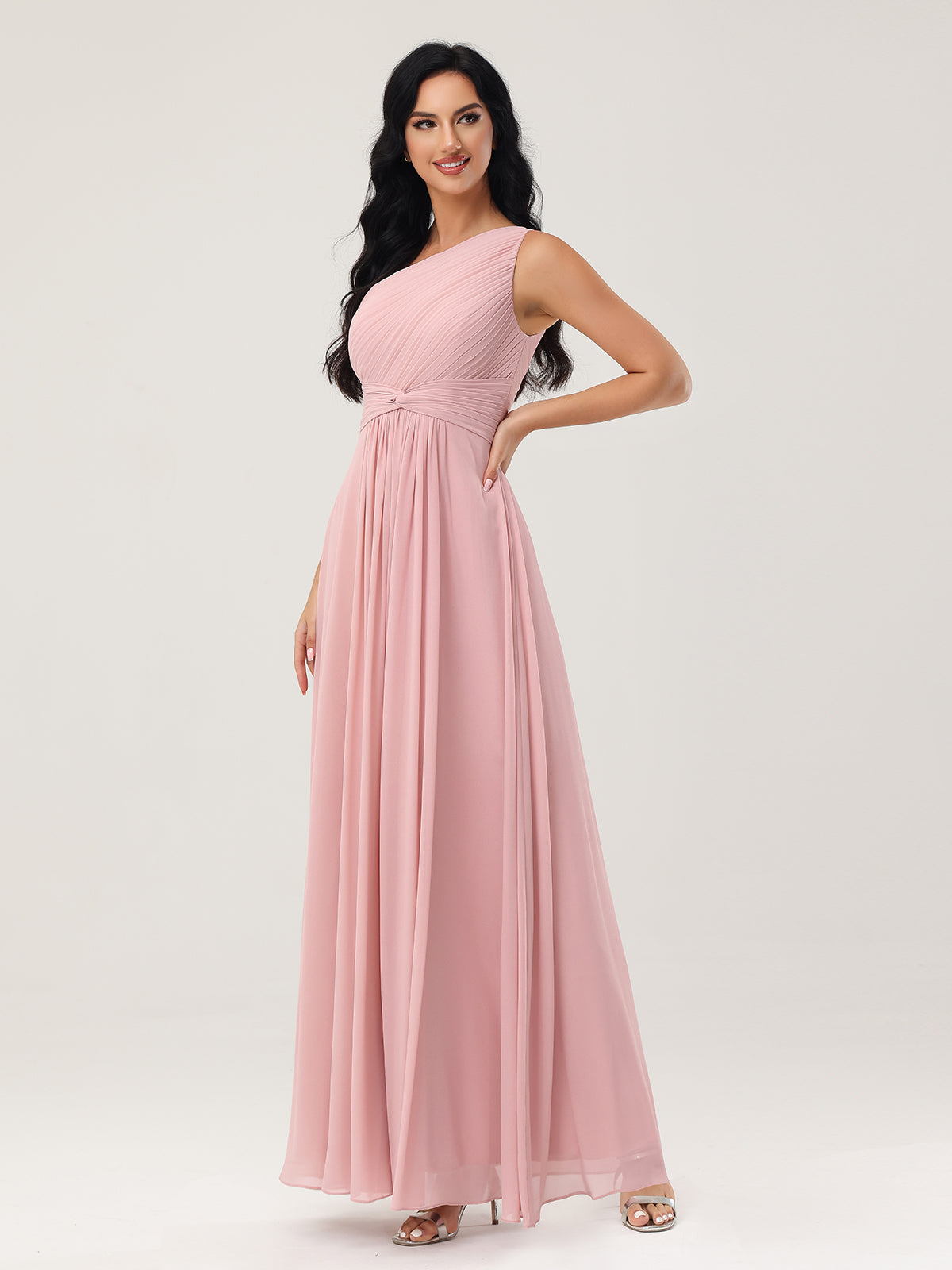 One Shoulder Dresses with Pleated Bodice Dusty Rose