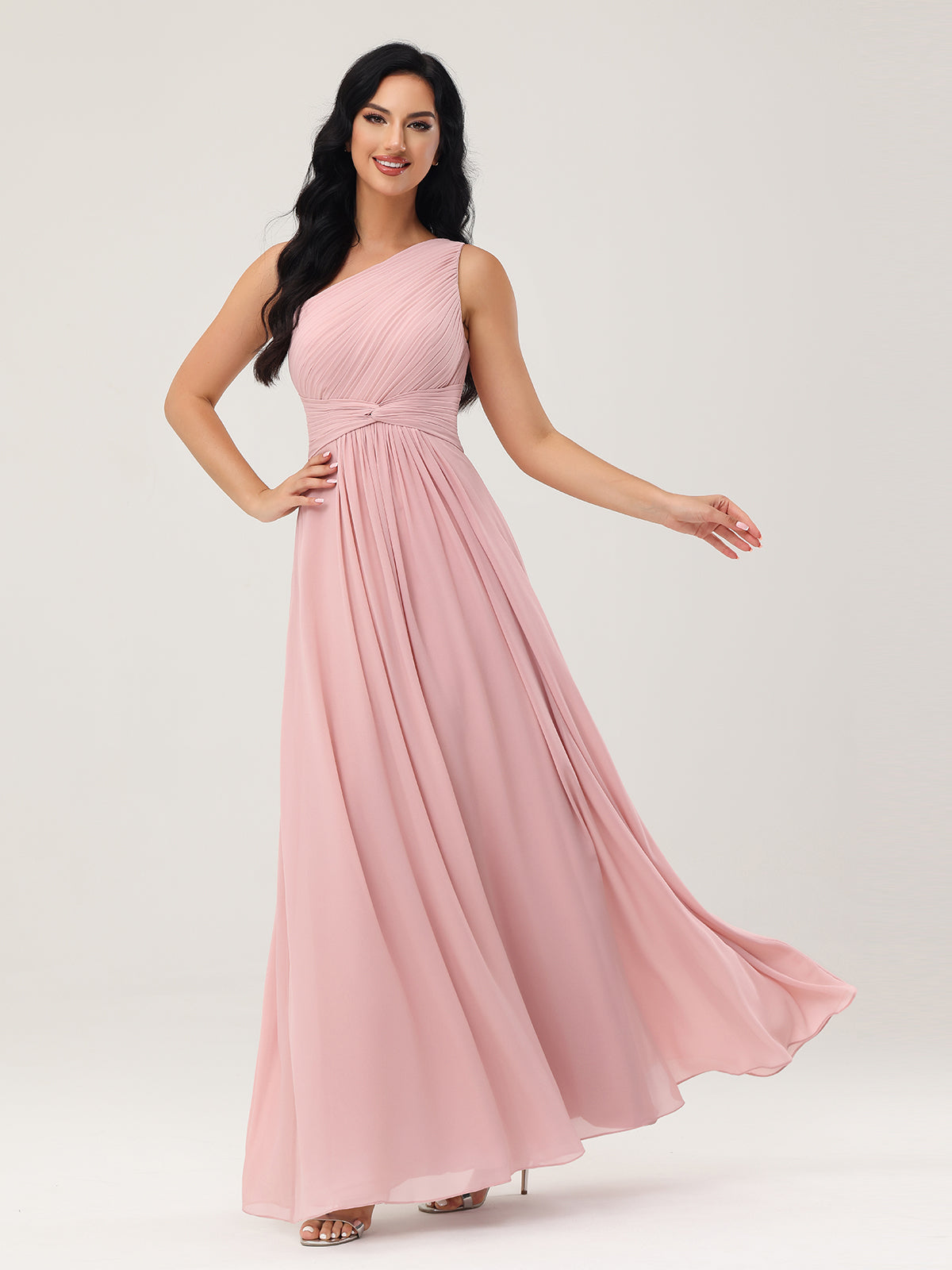 One Shoulder Dresses with Pleated Bodice Dusty Rose