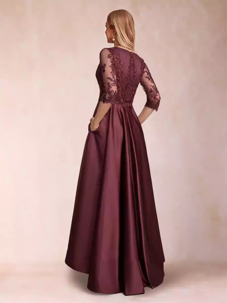 Enchanting A-line/Princess V-neck with asymmetrical three quarter sleeves and decal Mother of the Bride Dresses