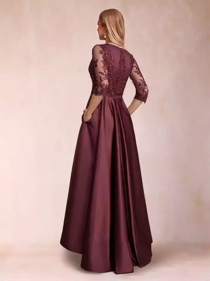 Enchanting A-line/Princess V-neck with asymmetrical three quarter sleeves and decal Mother of the Bride Dresses