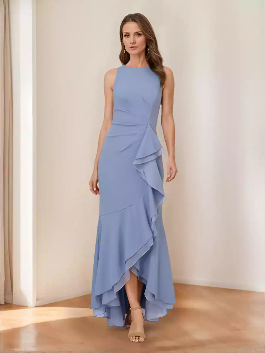 Enchanting Horn/Mermaid Round Neck, High and Low Folds, Lotus Leaf Edges, Mother of the Bride Dresses