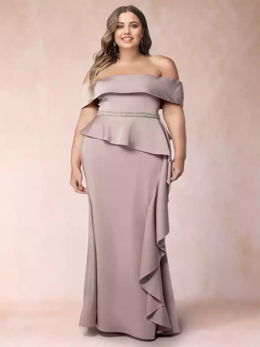 Enchanting off shoulder slim fit/straight tube plus plus rhinestones and ruffled Mother of the Bride Dresses