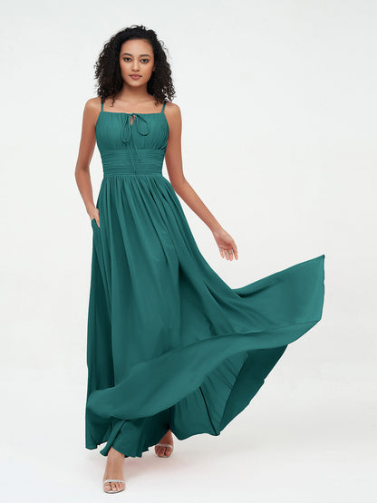 Square Neck Chiffon Max Dresses with Pockets Peacock