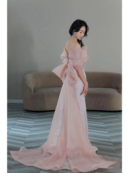 Pretty Mermaid Strapless Pink Sequin Long Evening Dress Prom Dresses With Bow HZ1024