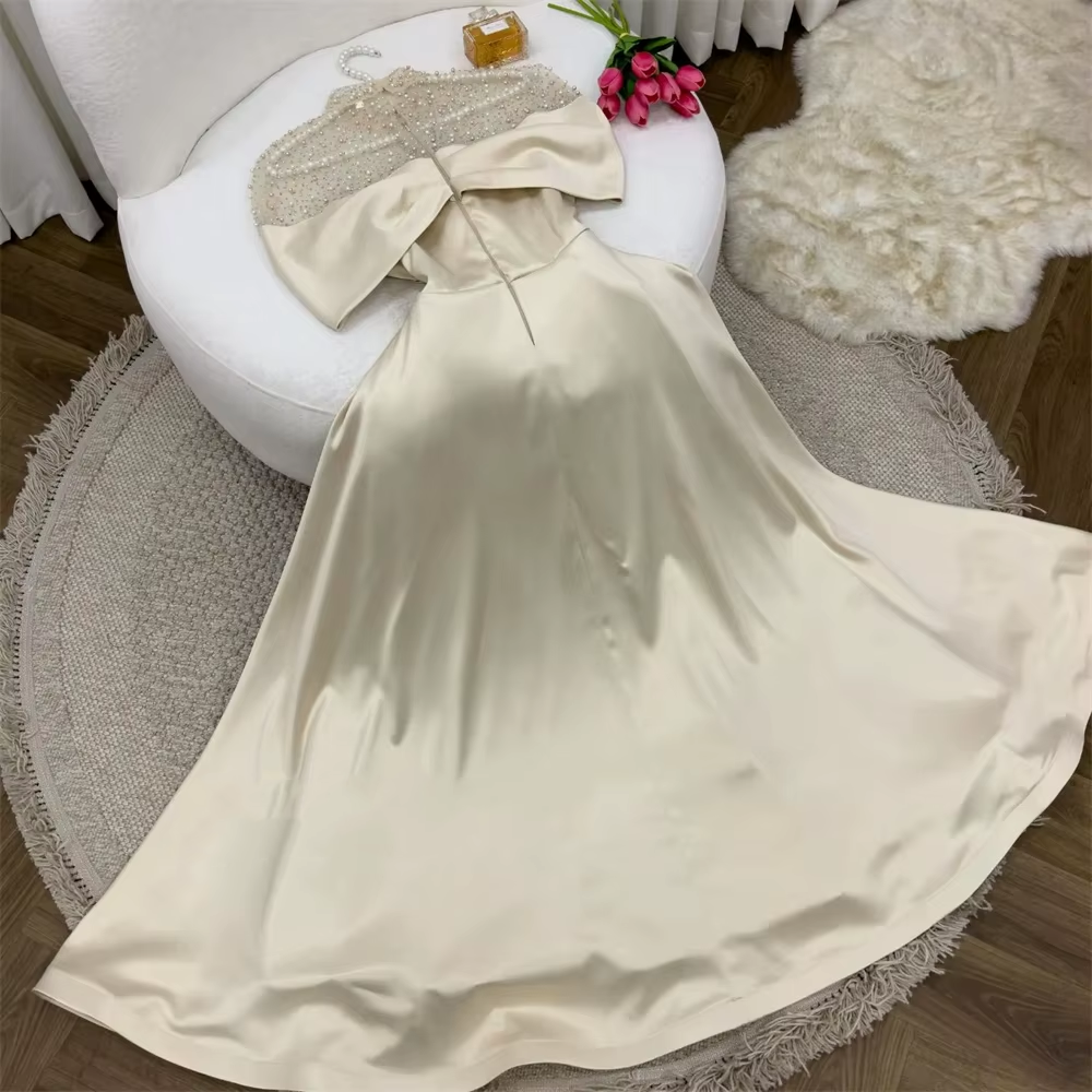 Elegant A-Line Evening Gown Elegant Dress Formal Floor Length Short Sleeve Illusion Neck Satin with Ruched Beading Prom Dress HZ1024
