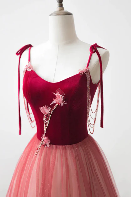 Unique Ombre Red Tulle Applique A Line Evening Dress Formal Prom Dress cc2194