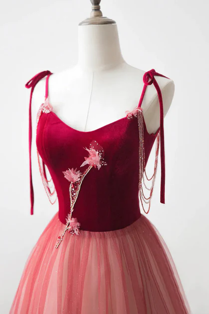 Unique Ombre Red Tulle Applique A Line Evening Dress Formal Prom Dress cc2194