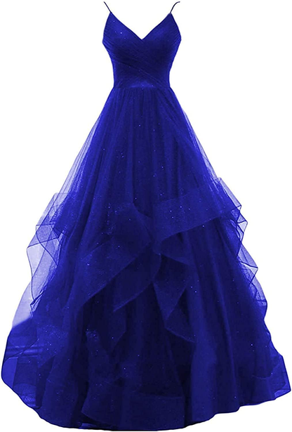 Elegant Blue spaghetti straps tulle long prom dress V-Neck Blue Tulle Prom Dress Long Evening A Line Corset Dress c2931