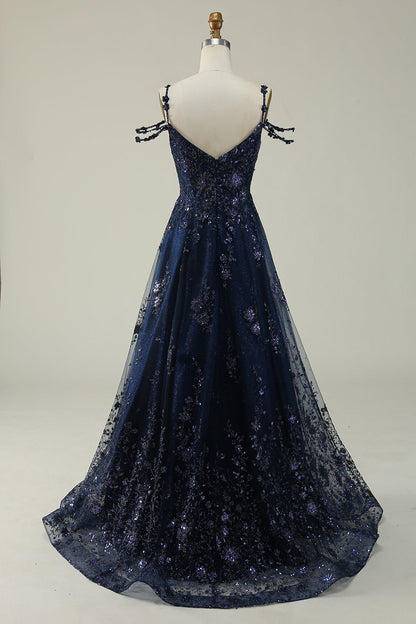 Navy A Line Cold Shoulder Long Prom Dress V-neck Sexy Sparkly