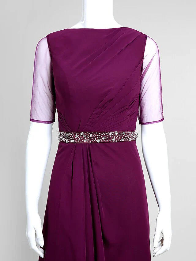Mother of the Bride Dress Elegant Bateau Neck Floor Length Chiffon Tulle Half Sleeve with Beading