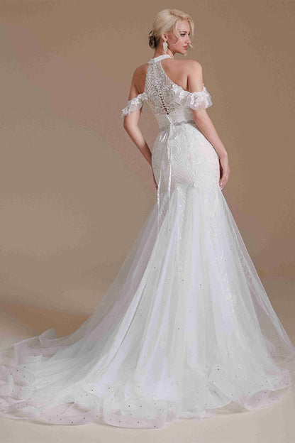 Halter White Lace Mermaid Wedding Dress with Detachable Sleeves