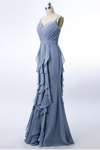 Mermaid Dusty Blue Chiffon Bridesmaid Dress with Ruffles