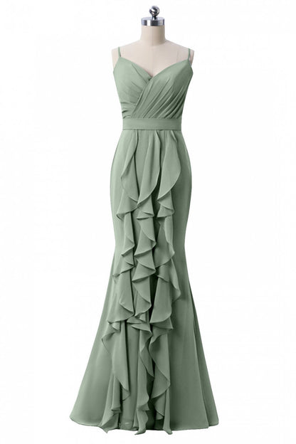 Mermaid Dusty Blue Chiffon Bridesmaid Dress with Ruffles